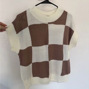 Chunky Checkerboard Knit Top in Cream and Brown